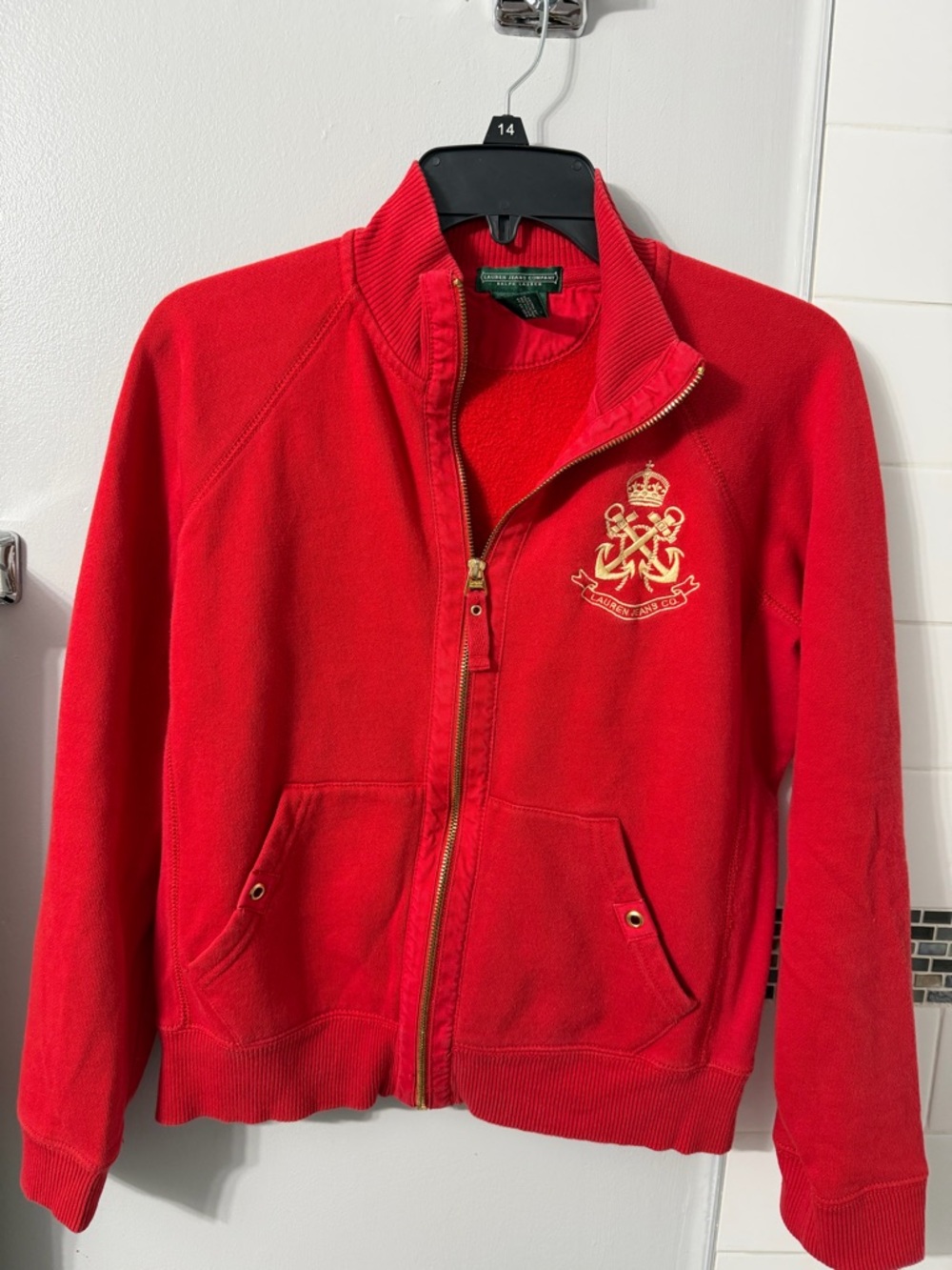 Ralph Lauren Red Zip-Up Fleece Jacket with Gold Zipper